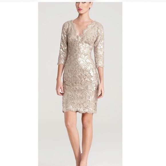 Tadashi Shoji Embroidered Sequin Lace Sand Beige Cocktail Dress Size 12 - Picture 3 of 13